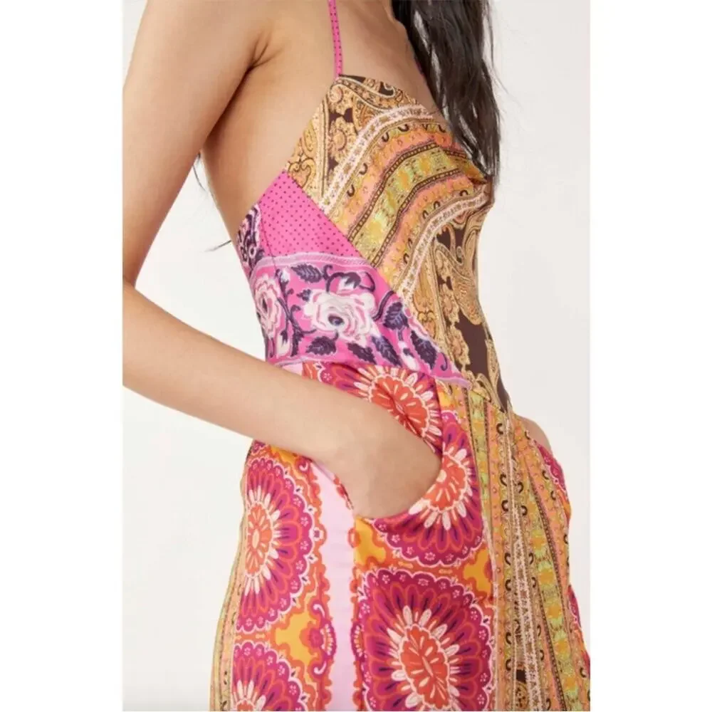 FREE PEOPLE Miranda Printed Jumpsuit In Jewel Combo Large Bohemian Pink and Gold